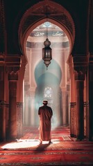 Wall Mural - Religious muslim man praying inside the mosque. AI generated illustration