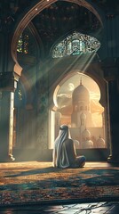 Wall Mural - Religious muslim man praying inside the mosque. AI generated illustration