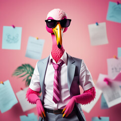 Wall Mural - Funny A Mr. Flamingo wearing sunglasses and dressed in shirt and tie, smiling, meme, humorous, on blur background, paper cut art.