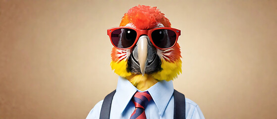 Wall Mural - Funny A Mr. Parrot wearing sunglasses and dressed in shirt and tie, smiling, meme, humorous, on blur background, paper cut art.