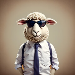 Wall Mural - Funny A Mr. Sheep wearing sunglasses and dressed in shirt and tie, smiling, meme, humorous, on blur background, paper cut art.