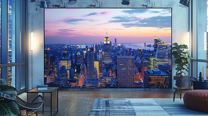 large canvas painting of a bustling cityscape at dusk, with lights beginning to twinkle, hung in an urban loft apartment