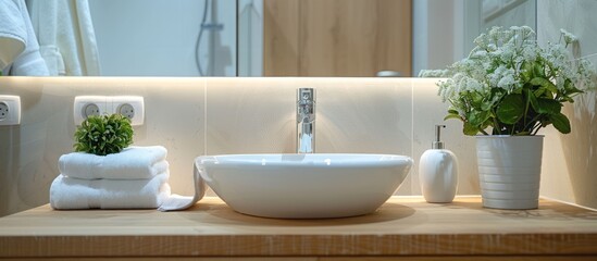 A bathroom with two sinks and a mirror