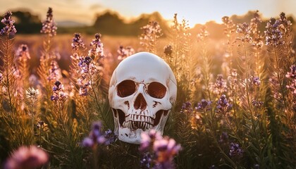 surreal horror screenprint skull in field of flowers m poster for horror movie band or book cover