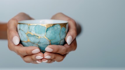 Poster - compact designer coffee cup with craggy stratified texture in royal blue and gold luxury silhouette female model's hands cradling the cup in minimalist pose clean white background studio lighting