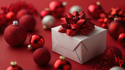 Poster - Festive white box with red bow among Christmas ornaments on red backdrop