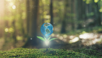 Wall Mural - america ecological green energy icons concept 3d earth spinning young plant springing up out of the 