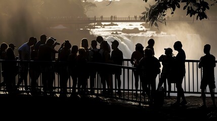 Silhouettes of Tourists at a Waterfall