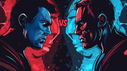 Vector design of a versus battle screen showing a team game fight in a dark red and blue graphic. This pop art style illustration is perfect for a challenge duel, sport contest, or a comparison poster