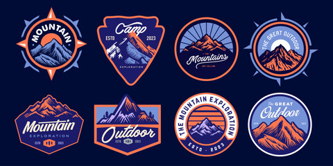 mountain adventure hipster logos. set of vintage outdoor mountains summer camp badges or patches. ve