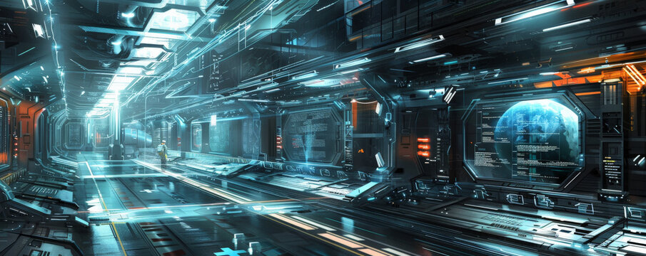 A futuristic space station background with sleek metallic corridors, glowing control panels, and the textures of advanced technology, creating a high-tech and sci-fi environment.