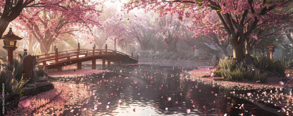A serene cherry blossom garden background with blooming sakura trees ...