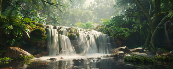 Wall Mural - A serene forest waterfall background with cascading water, lush vegetation, and the textures of moss-covered rocks and ferns, creating a refreshing natural setting.