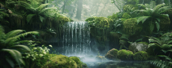 Wall Mural - A serene forest waterfall background with cascading water, lush vegetation, and the textures of moss-covered rocks and ferns, creating a refreshing natural setting.