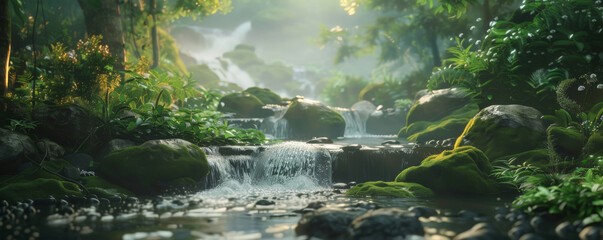 Wall Mural - A serene mountain stream at dawn background with flowing water, mossy rocks, and the textures of lush greenery and soft morning light, creating a peaceful and refreshing natural retreat.