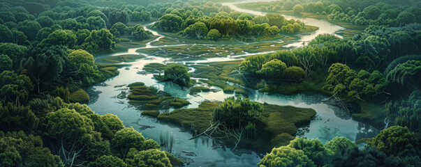 Wall Mural - A serene river delta background with winding waterways, lush vegetation, and the textures of mud flats and bird nests, creating a peaceful and biodiverse natural setting.