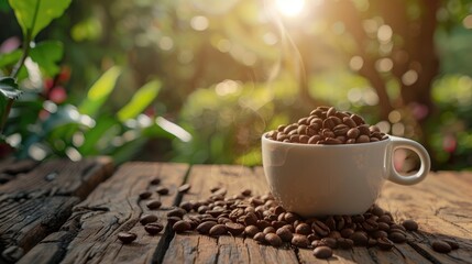 Wall Mural - Coffee cup with beans on wooden table in natural setting