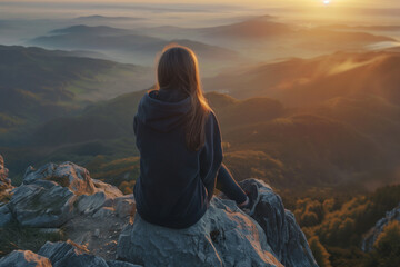 woman sitting on top of a mountain