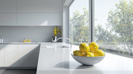 A minimalist kitchen with a single bowl of lemons on a sleek white countertop, with a large window nearby