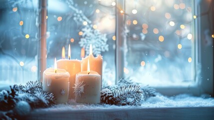 Wall Mural - Burning white advent candles with Christmas decor on icy window