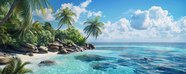 Wall Mural - A tranquil island paradise background with crystal-clear waters, white sandy beaches, and the textures of palm trees and coral reefs, creating an exotic setting.