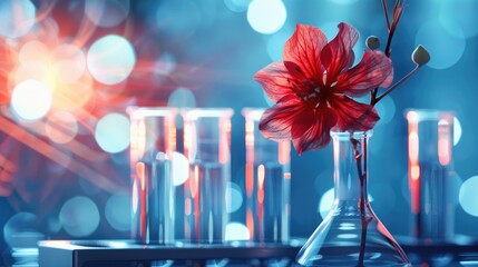 Wall Mural - closeup of a laboratory flask with a beautiful red flower and blurred test tubes