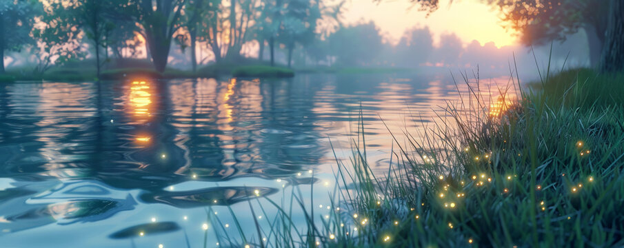 A tranquil riverside at dusk background with glowing reflections, calm waters, and the textures of soft grasses and serene surroundings, creating a peaceful and picturesque natural setting.