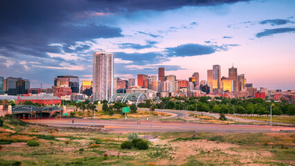 Wall Mural - Denver, Colorado, USA. Cityscape image of Denver skyline, Colorado, USA at dramatic summer sunset.