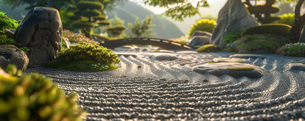 a tranquil zen garden background with carefully raked gravel, sculpted rocks, and the textures of mo