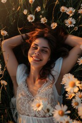 Wall Mural - A cheerful woman relaxing in a meadow filled with chamomile, enjoying the beauty of nature and a sunny day.