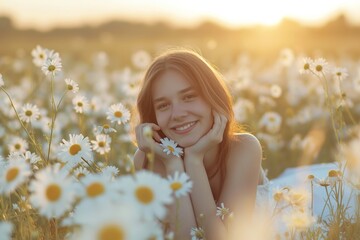 Wall Mural - A young woman enjoying a sunny day in a meadow, embodying natural beauty and joy in a serene outdoor setting.