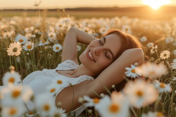 Wall Mural - A young woman lying in a meadow, basking in the freedom and relaxation of nature during summer.