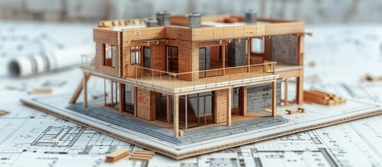 Sticker - Modern Wooden House Model on Architectural Plans