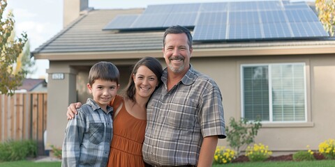 Happy family bonding outdoors near their solar-powered home, enjoying renewable energy.