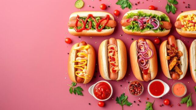 A colorful flat lay of various gourmet hot dogs with vibrant toppings against a pink background, surrounded by sauces and spices