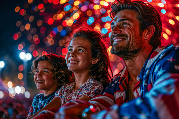 Wall Mural - Family watching 4th of July fireworks display, night