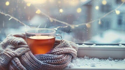 Hot tea in a cozy scarf on the winter windowsill