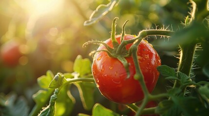Canvas Print - Freshly picked tomato under natural sunlight captured up close