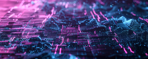 Sticker - Futuristic digital landscape background with neon grids, dark contrasts, and textured circuitry. The high-tech, modern aesthetic creates a sense of innovation and connectivity, perfect for technology