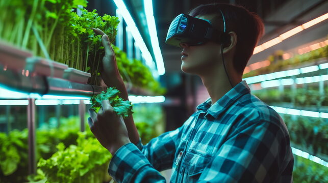 portrait futuristic farmer using advanced technology to monitor and manage crops in a greenhouse