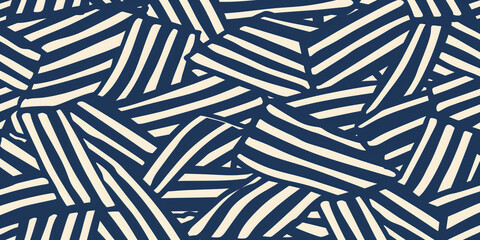 Wall Mural - A seamless vector pattern of abstract shapes with diagonal stripes in navy blue and white