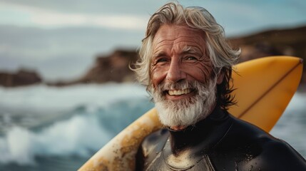 Beaming Elderly Surfer Enjoying the Waves with Joy