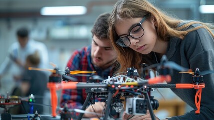 Young engineers working on drone development project, a woman and a man are focused on assembling and testing quadcopter in a workshop.