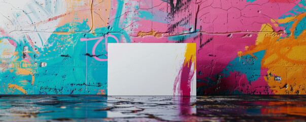 Wall Mural - Mockup card birthday background featuring a bold and vibrant graffiti theme, with a white card set against a colorful spray-painted wall, creating an urban and edgy look