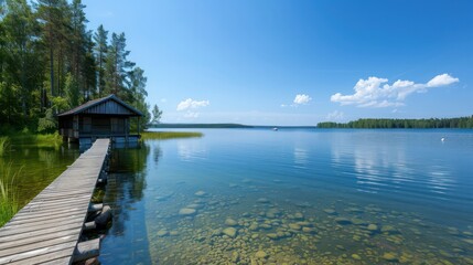 Aufkleber - A small cabin is on a dock next to a lake. The water is calm and clear. The cabin is surrounded by trees and the sky is blue