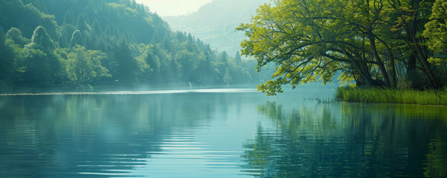 Peaceful lake background with calm water, green trees, and textured reflections. The serene, natural scene creates a tranquil, picturesque atmosphere, perfect for nature or wellness themes