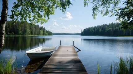 Aufkleber - A boat is docked at a pier next to a lake. The water is calm and the sky is clear