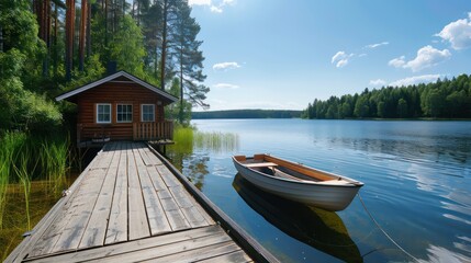 Aufkleber - A small wooden boat is docked at a pier next to a cabin. The cabin is surrounded by trees and the water is calm. The scene is peaceful and serene, with the boat