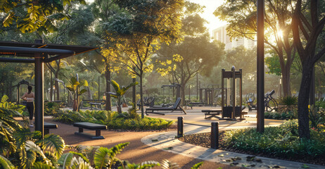 Sunlit urban park with outdoor gym equipment, lush green trees, and walking paths. Serene setting for fitness enthusiasts and nature lovers.