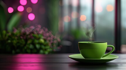 Wall Mural - A green coffee cup sits on a wooden table with a pink background. The cup is filled with hot coffee, and the steam rising from it creates a cozy atmosphere. The combination of the warm beverage